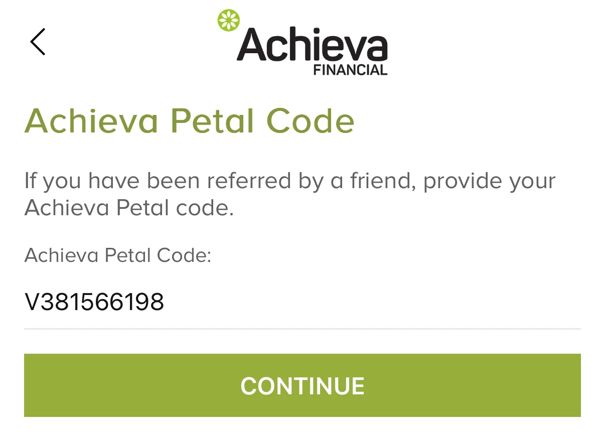 Example of an Achieva Petal Code field during account opening