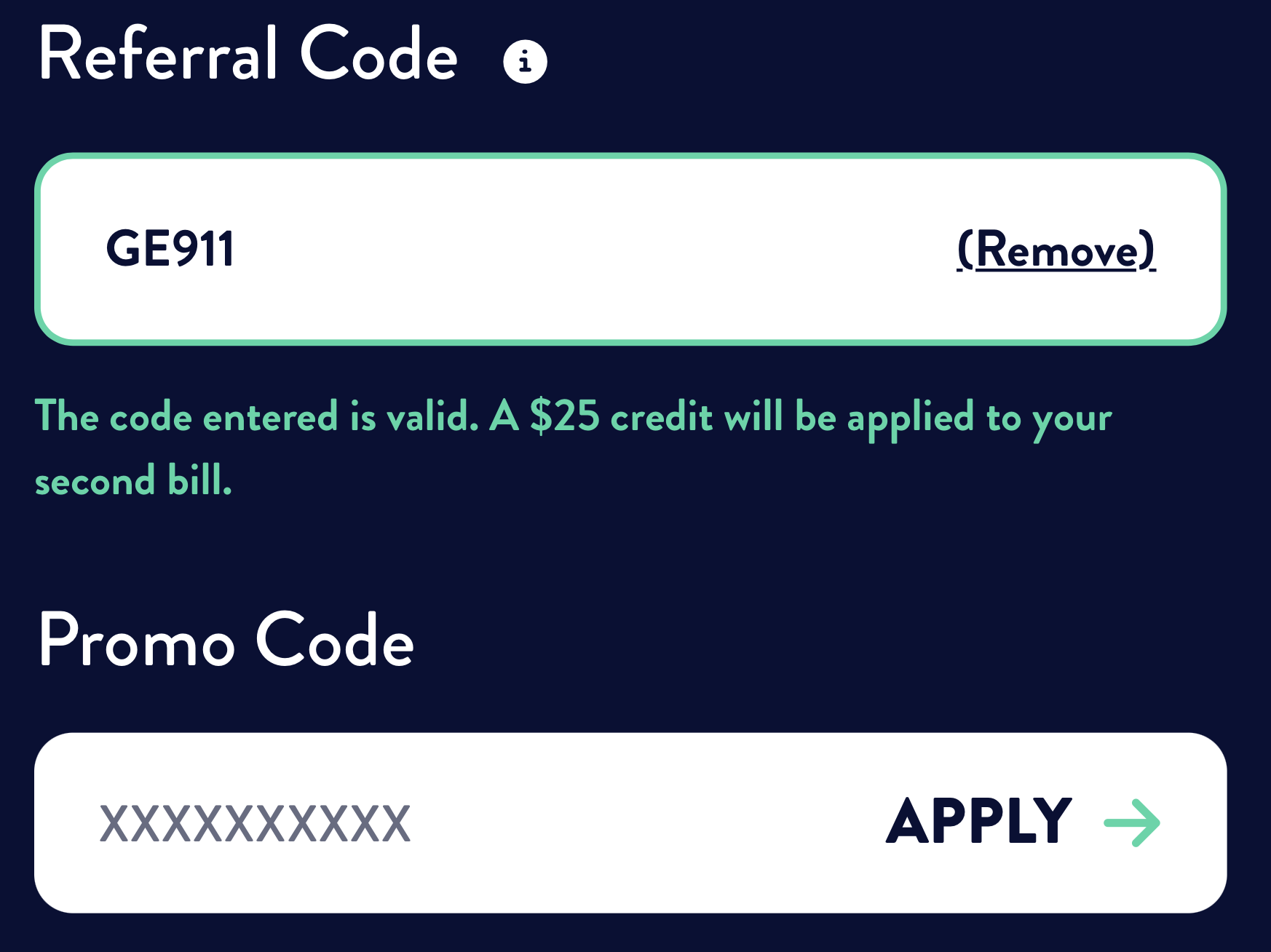 EBOX referral code GE911 validated, with a $25 second-bill credit confirmation and a separate Promo Code field