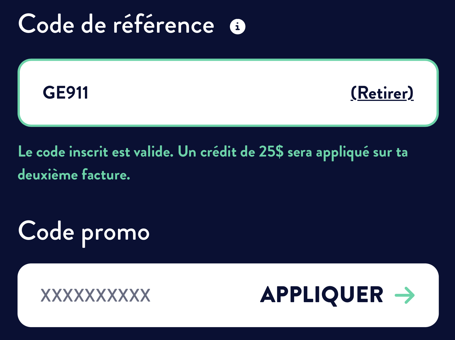 Code de référence EBOX GE911 validé, avec confirmation du crédit de 25 $ sur la deuxième facture et champ Code promo distinct
