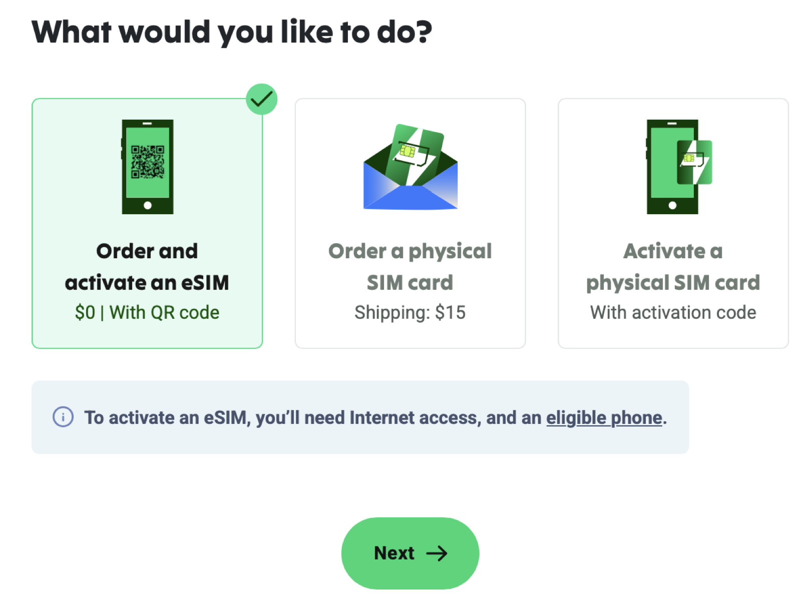 Fizz English screen offering to order and activate an eSIM, order a physical SIM card, or activate an existing SIM