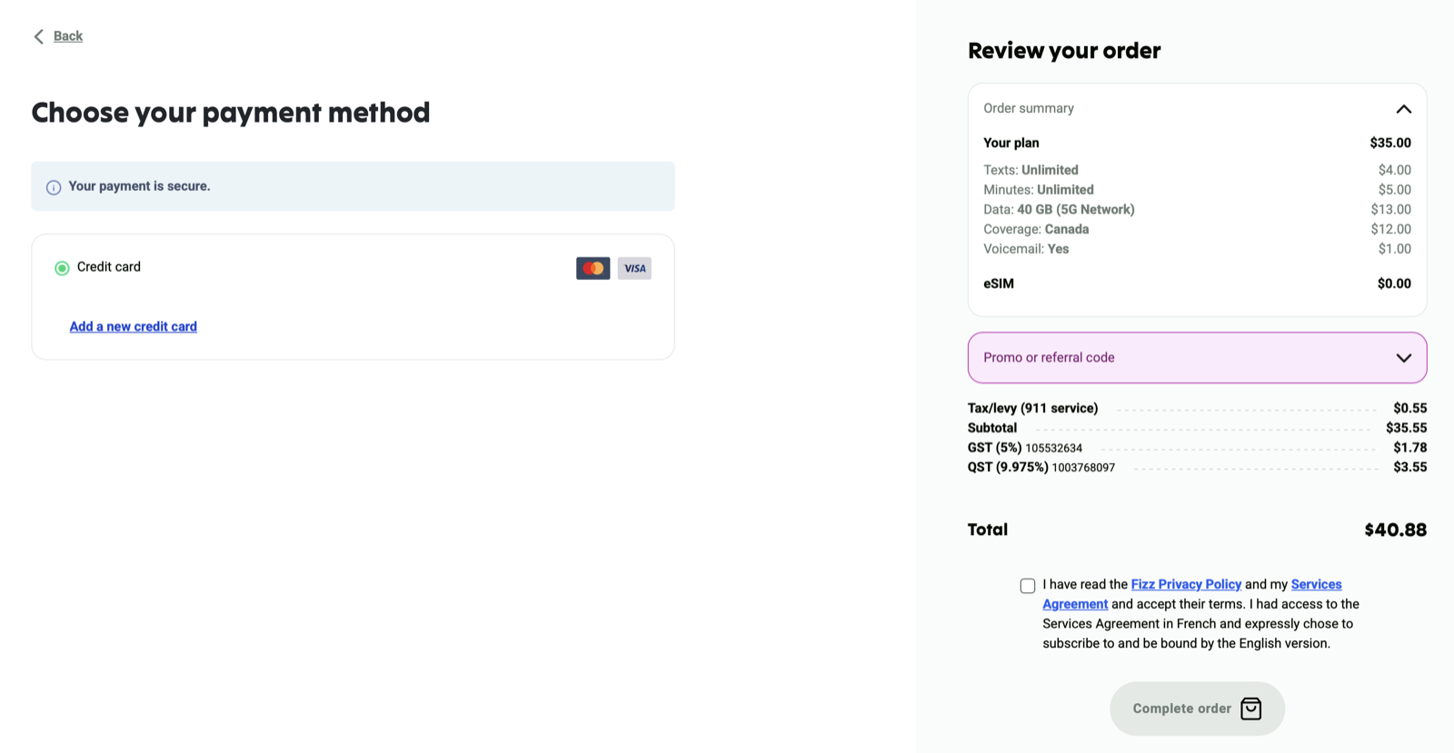 Fizz payment screen showing the order summary and the Promo or referral code panel