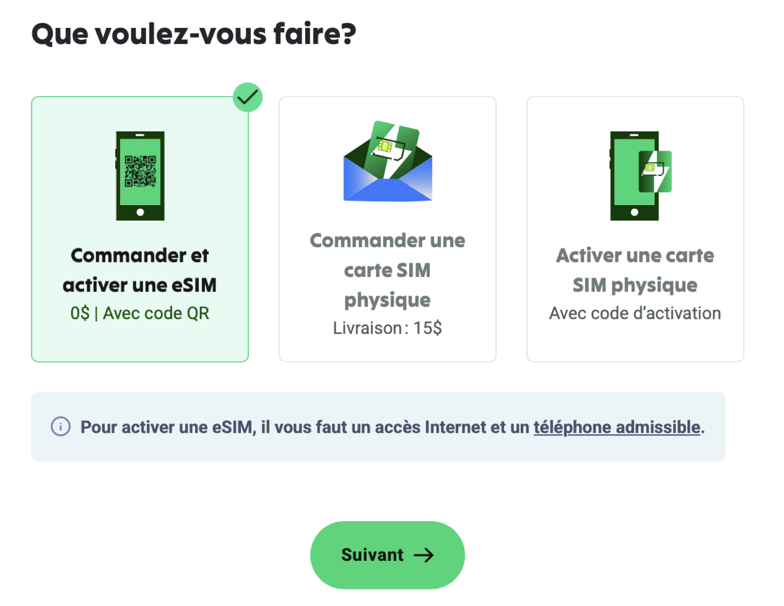 Écran Fizz en français proposant de commander et activer une eSIM, une carte SIM physique ou d’activer une carte existante