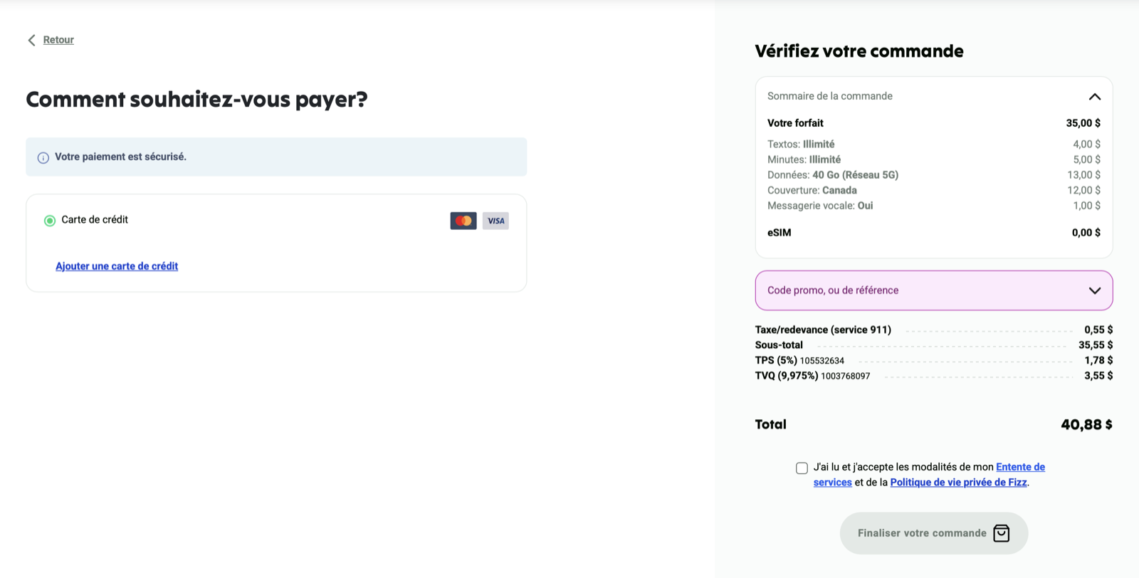 Écran Fizz de paiement avec le sommaire de la commande et le panneau Code promo, ou de référence