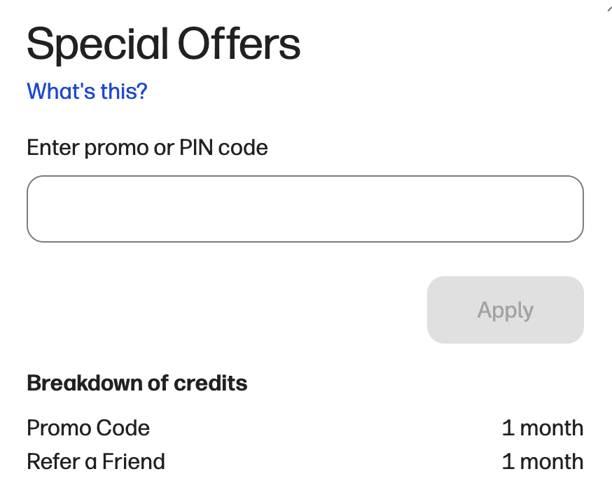 HP Instant Ink Special Offers box: the breakdown of credits shows "Promo Code — 1 month" for HOLIDAY26 and "Refer a Friend — 1 month" for SVdn7