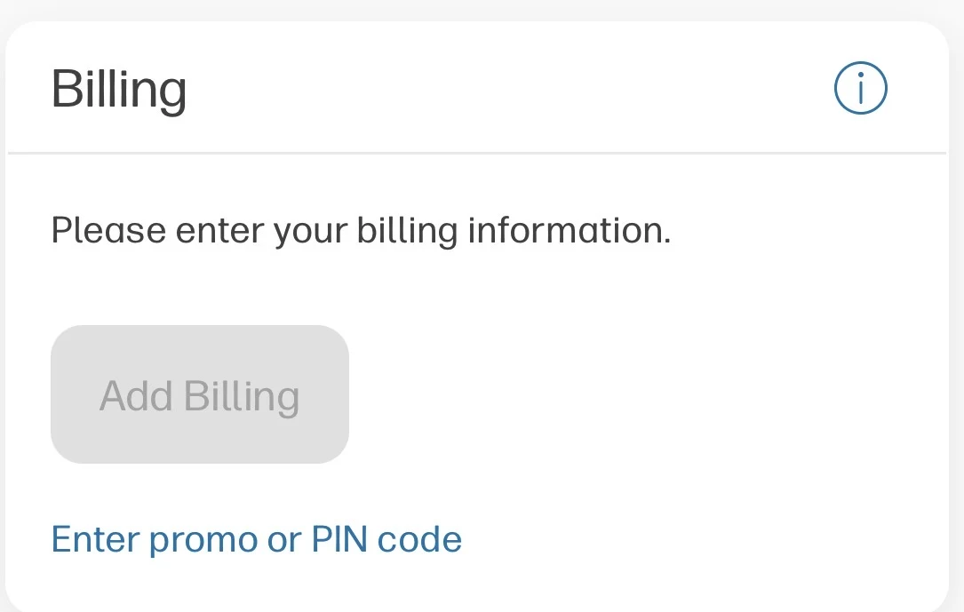 HP Instant Ink Billing section showing the Enter promo or PIN code link where referral code SVdn7 is typed manually