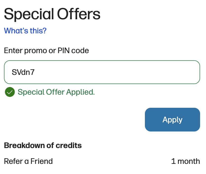 HP Instant Ink Special Offers box with code SVdn7 entered and a green Special Offer Applied message, Refer a Friend 1 month shown in the credit breakdown