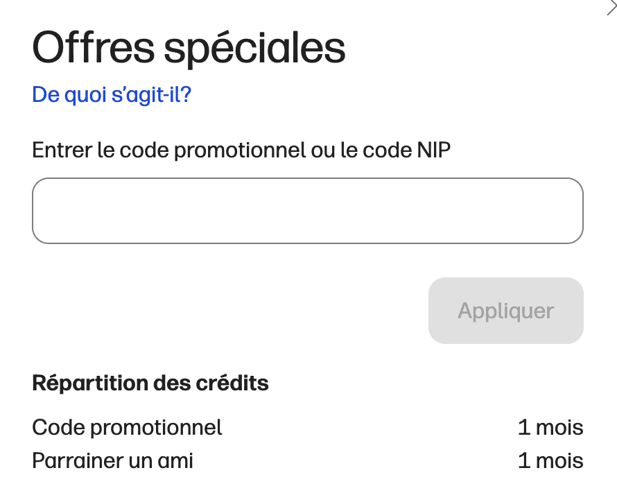 Boîte Offres spéciales de HP Instant Ink : la répartition des crédits affiche « Code promotionnel — 1 mois » pour HOLIDAY26 et « Parrainer un ami — 1 mois » pour SVdn7