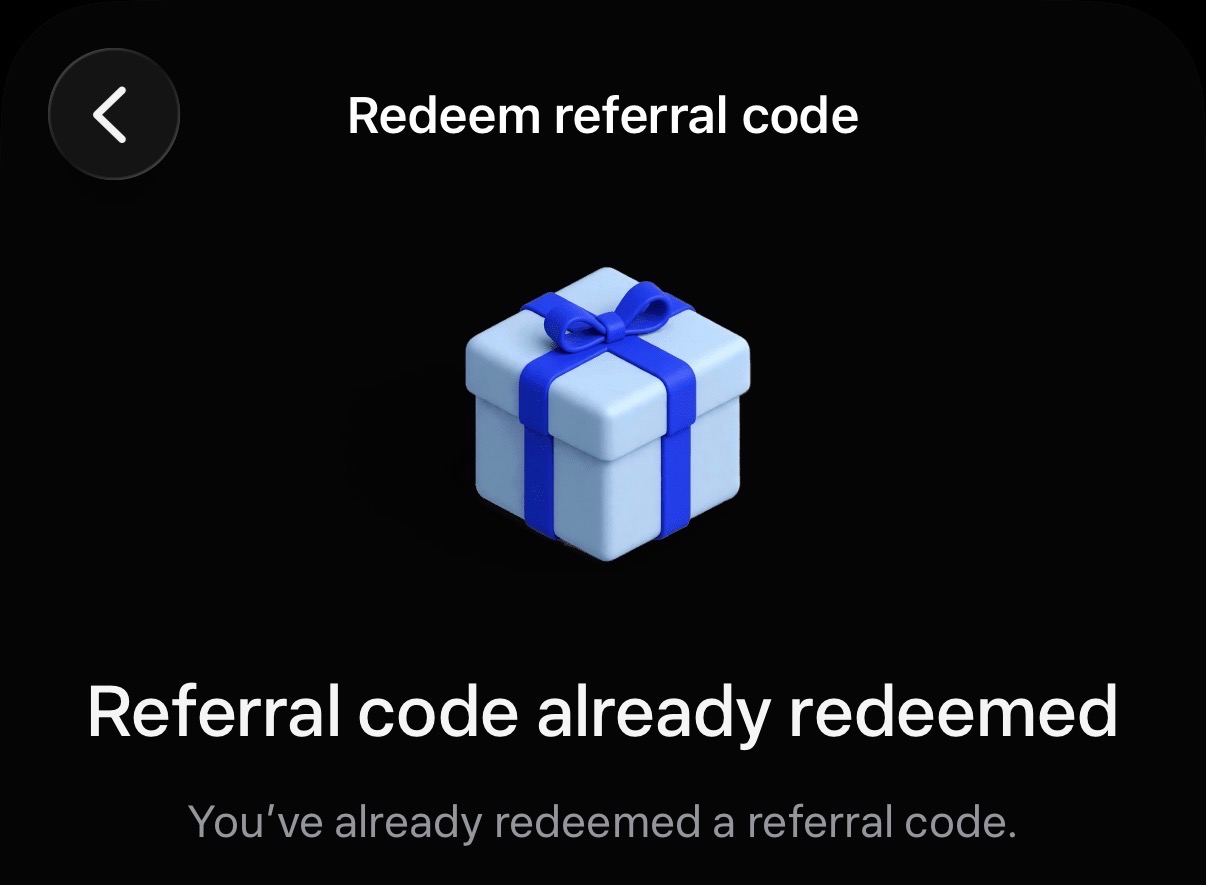 English-language Muse screen stating that the referral code has already been redeemed