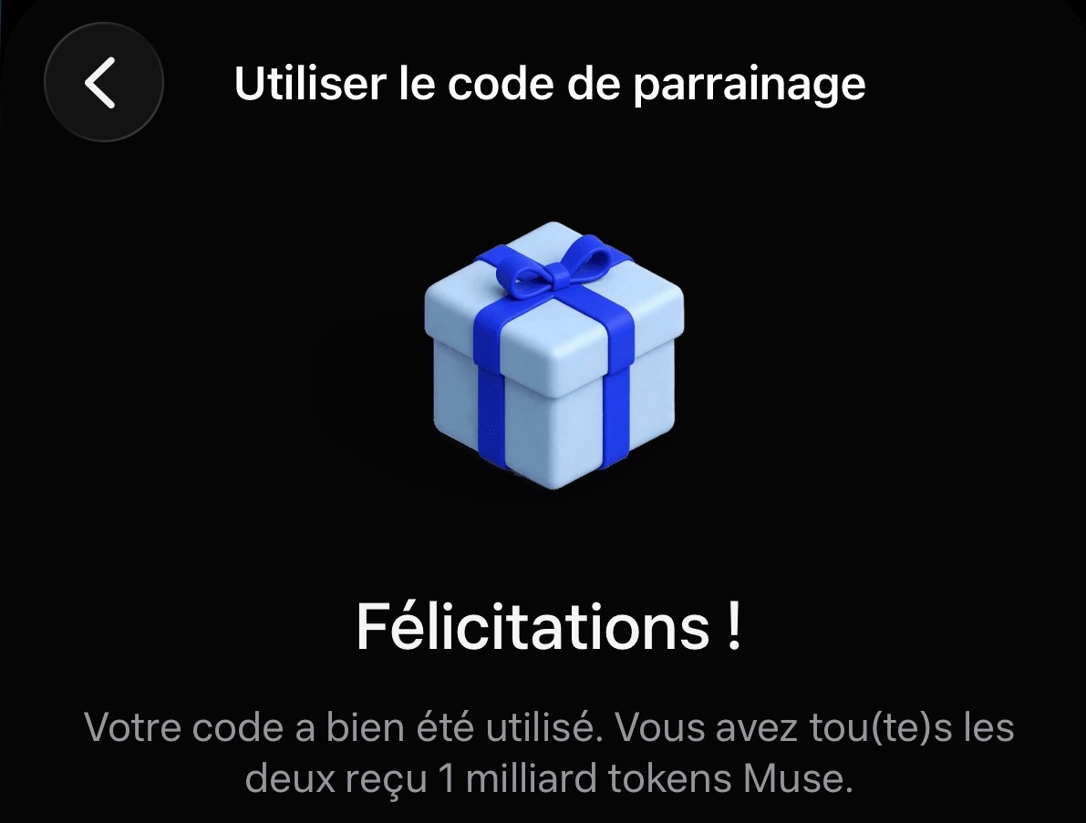 Écran français de confirmation Muse indiquant que le code a bien été utilisé et que les deux personnes ont reçu 1 milliard de tokens