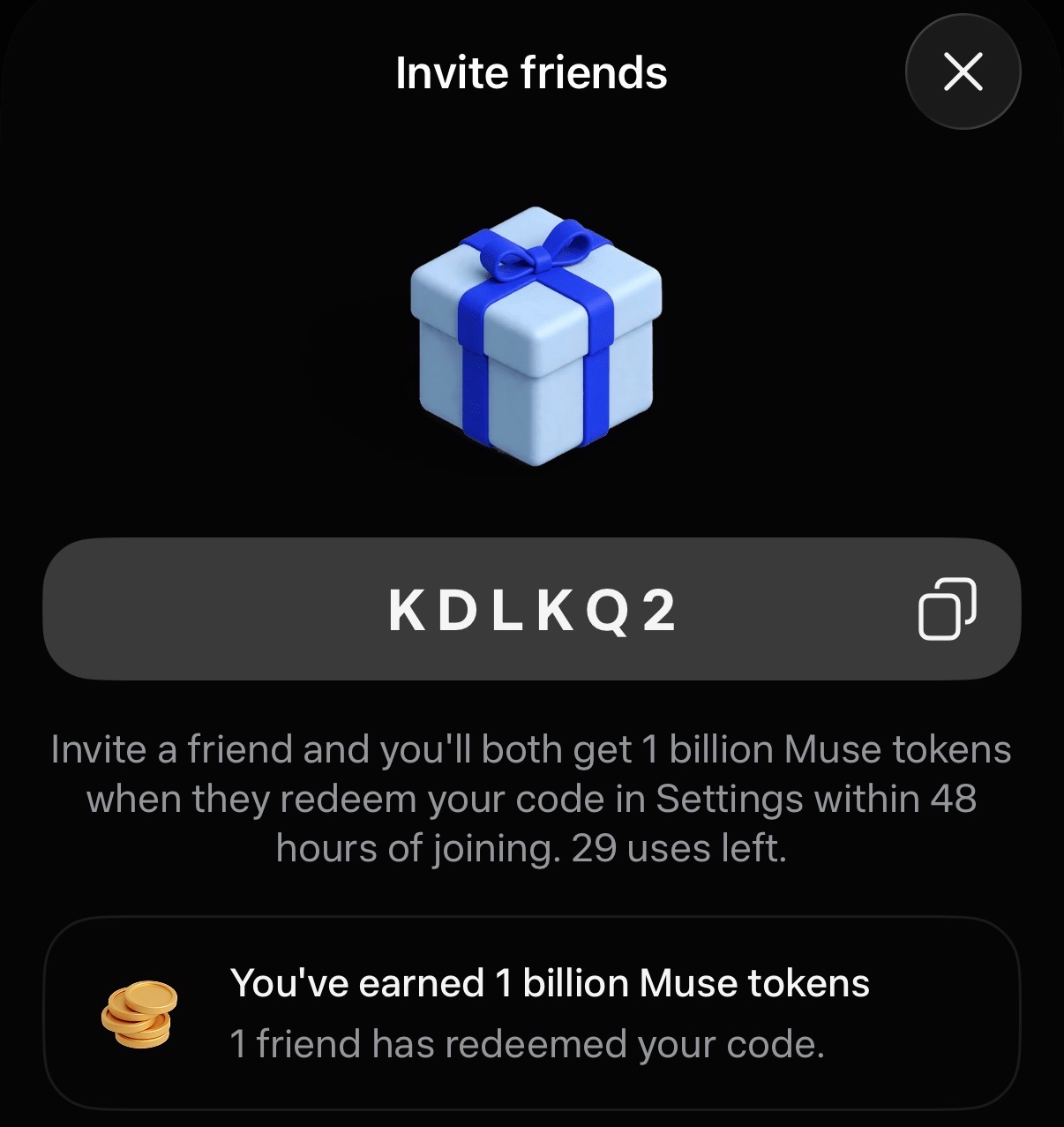 English-language Muse Invite friends screen showing code KDLKQ2, 1 billion Muse tokens each, a 48-hour redemption window, 29 uses left and one friend who redeemed the code