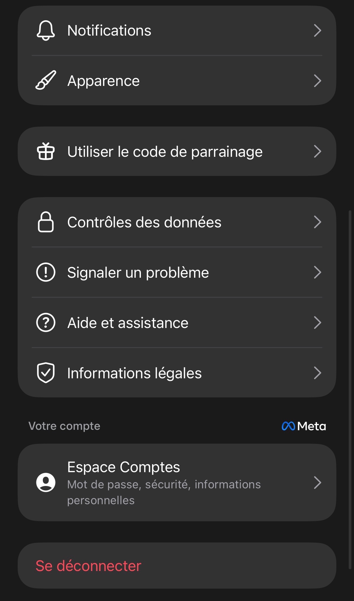 Écran Paramètres de l’application Muse en français affichant l’option Utiliser le code de parrainage