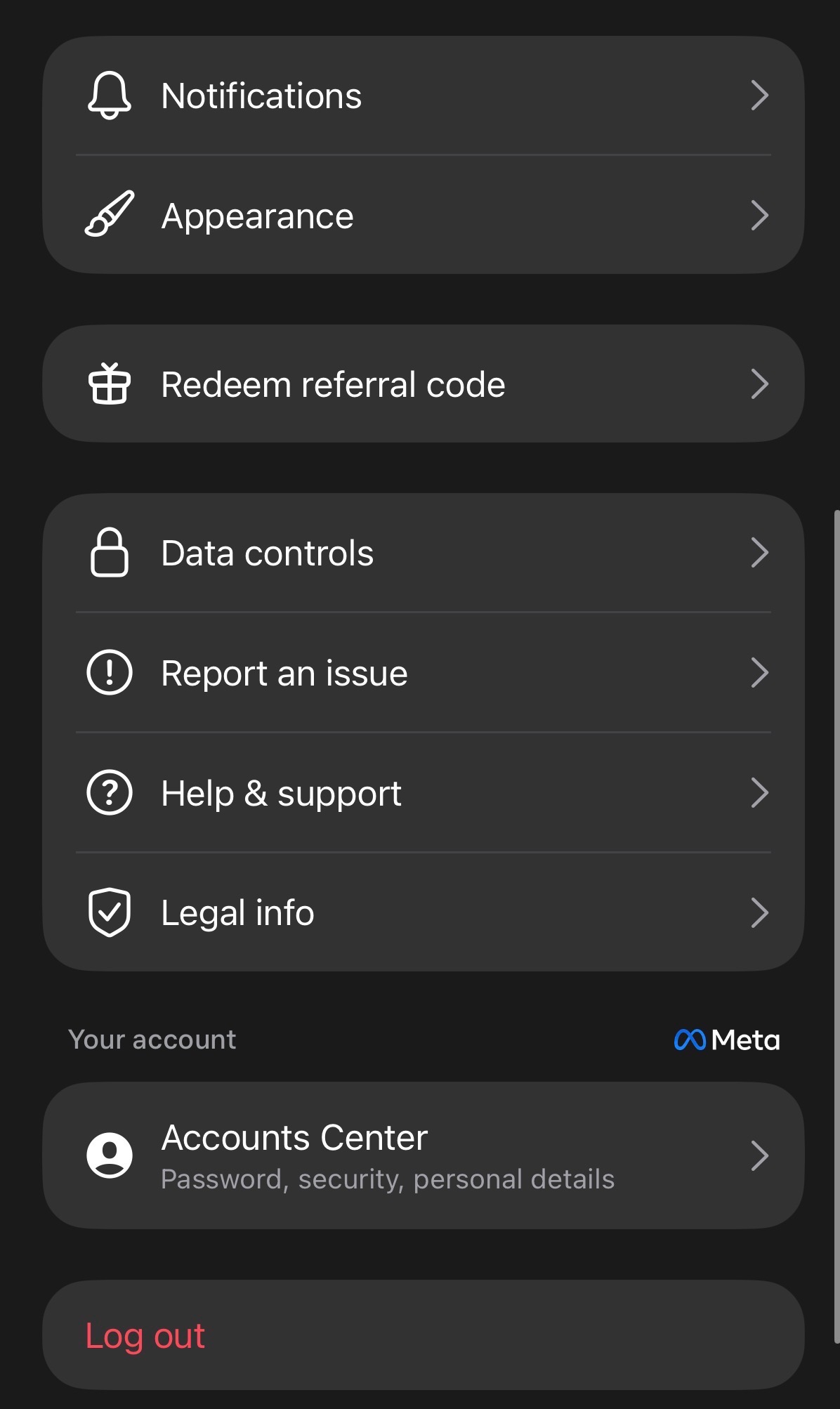 English-language Muse Settings screen showing the Redeem referral code option