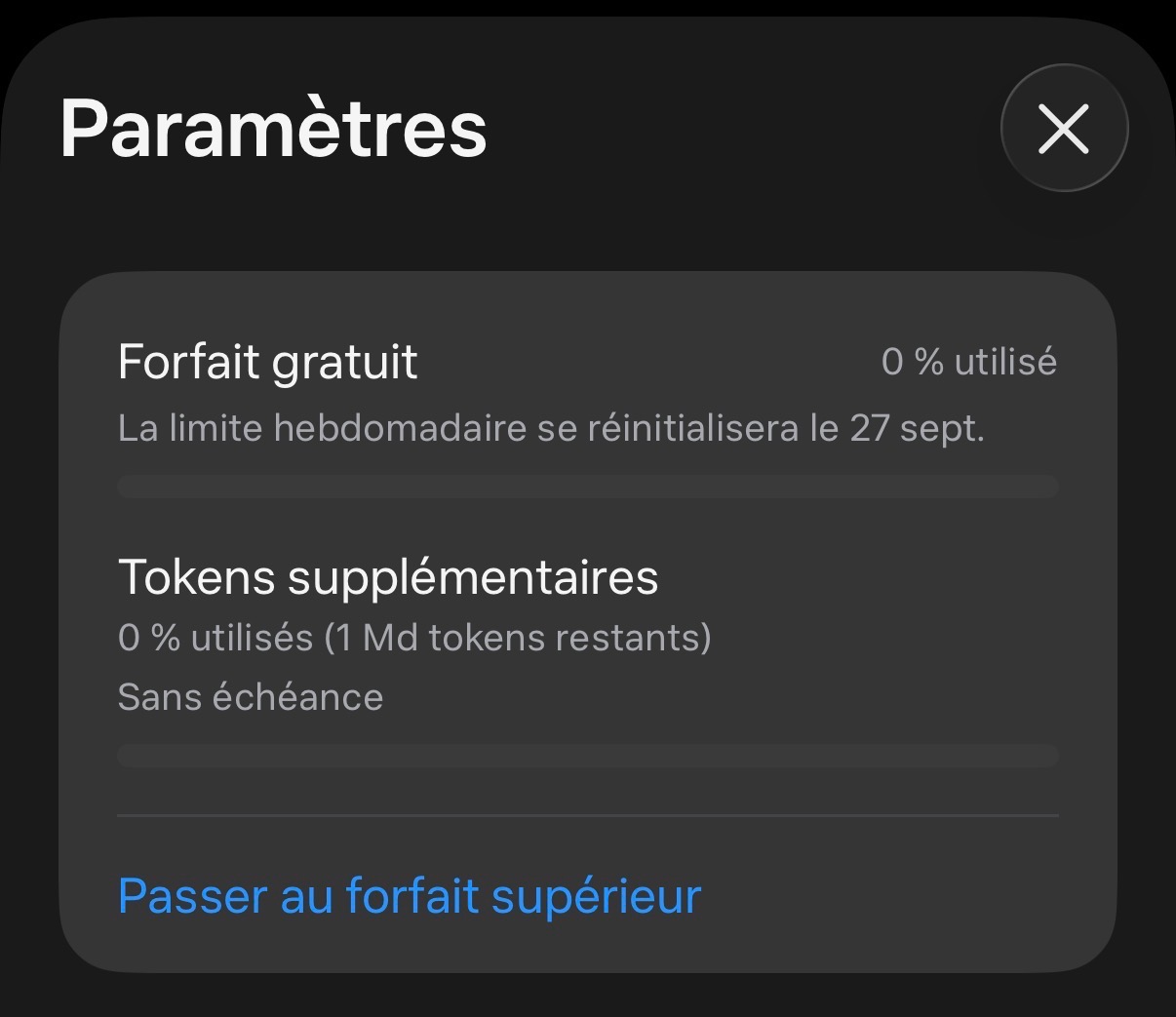 Écran Paramètres français de Muse montrant 1 milliard de tokens supplémentaires restants et la mention Sans échéance