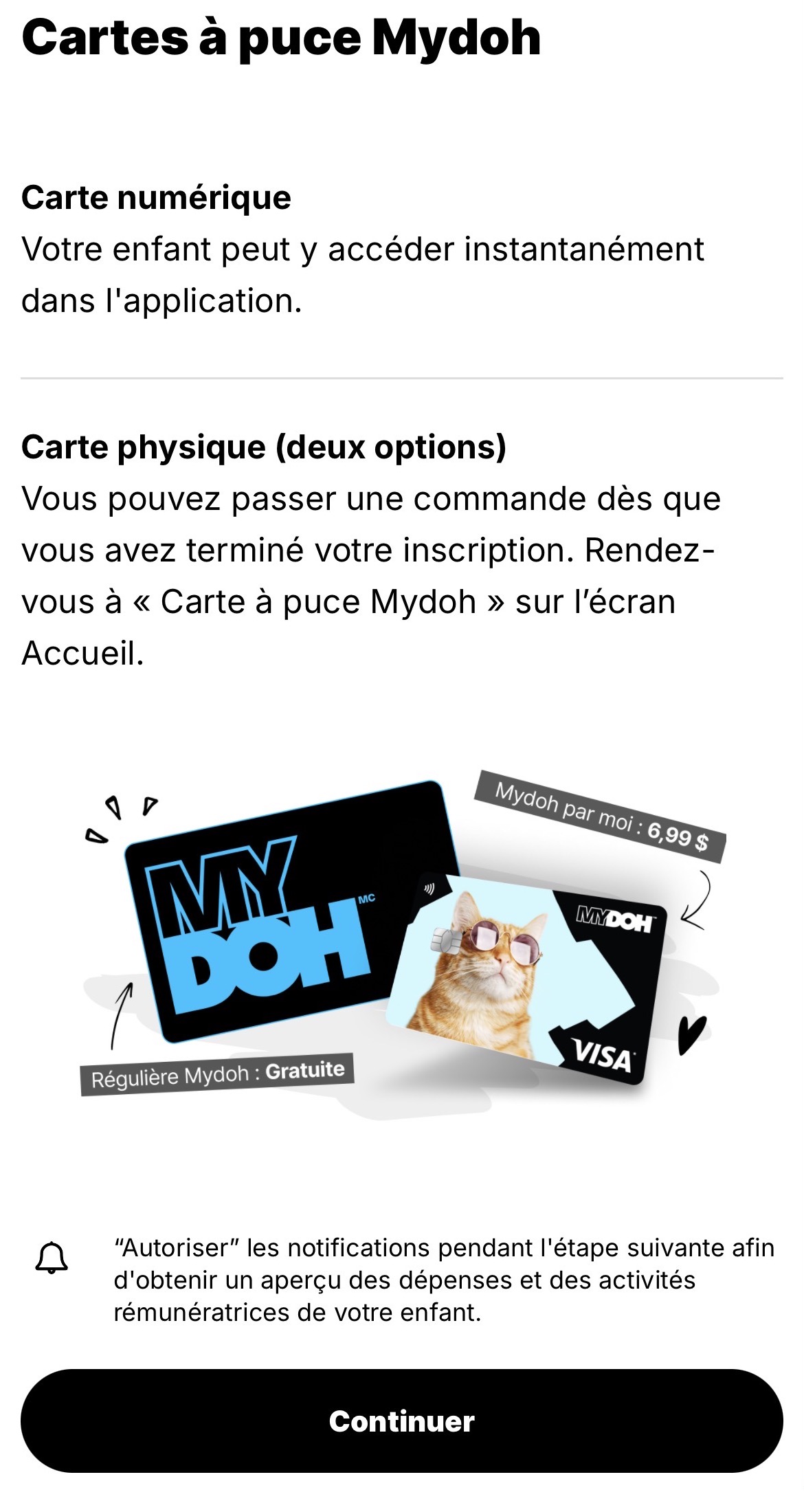 Mydoh Cards screen showing an immediate digital card, a free regular physical card and a personalized card for $6.99
