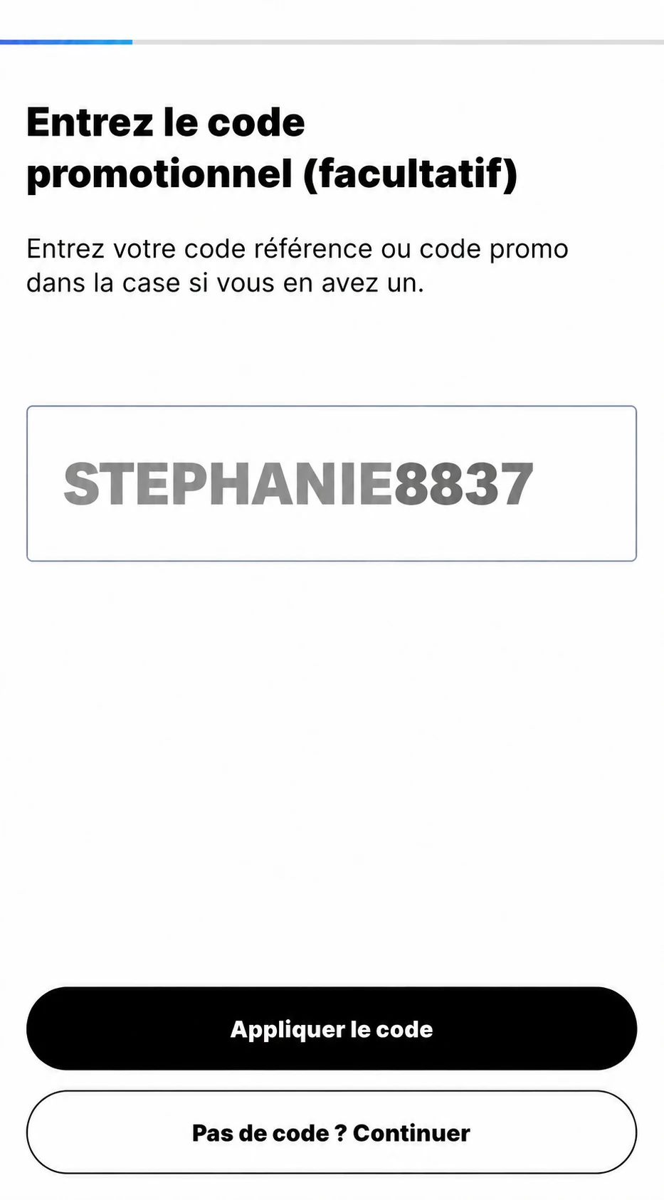 Mydoh screen with French promotional-code wording, the current referral code and options to apply it or continue without one