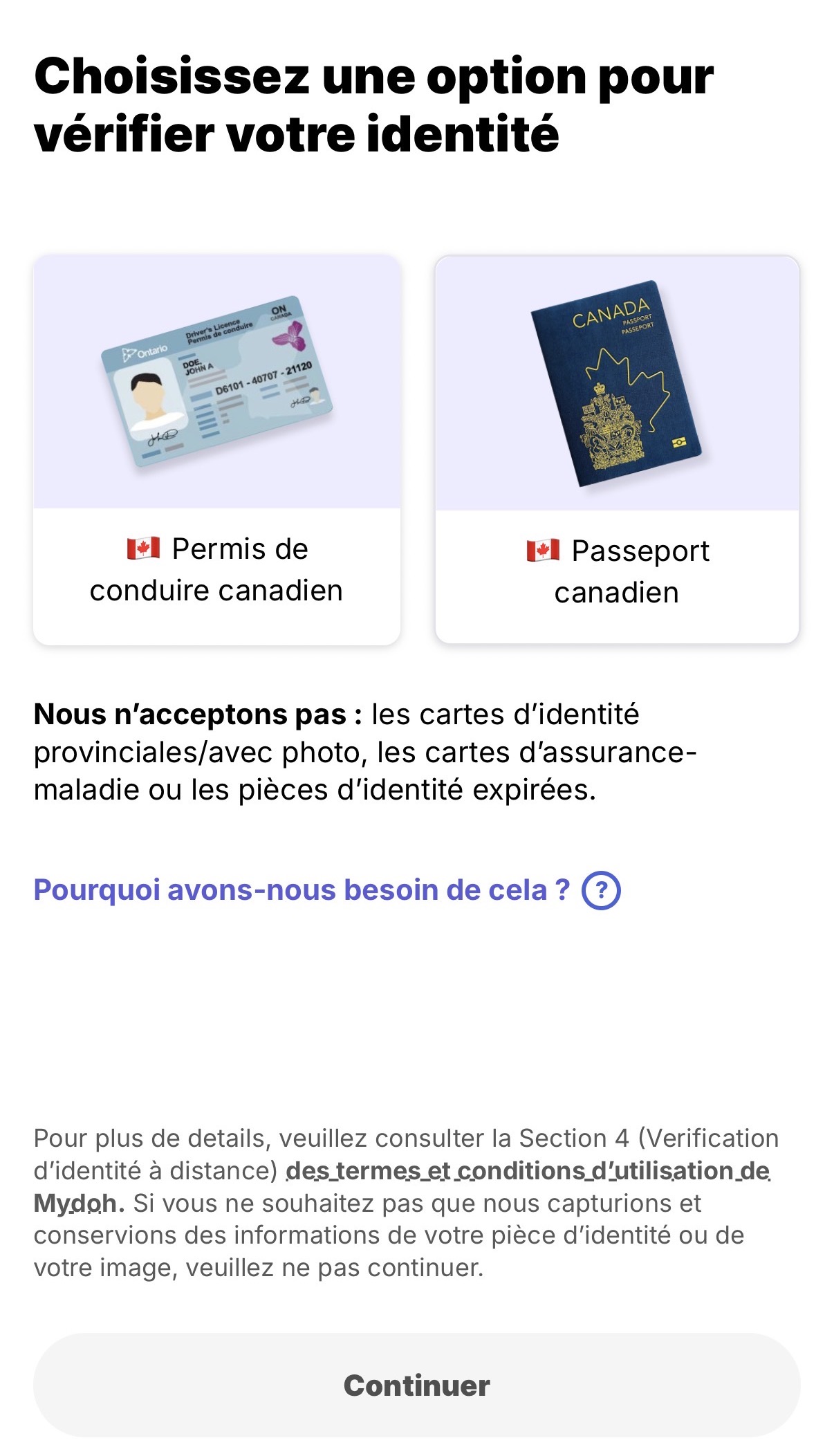 French-language Mydoh identity verification screen offering a Canadian driver's licence or a Canadian passport and stating that some other documents are not accepted