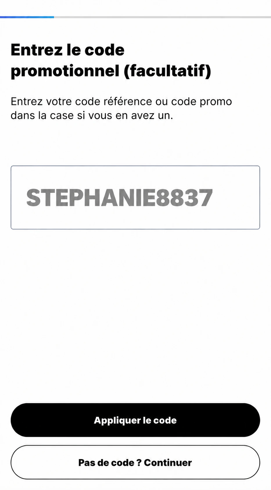 Écran Mydoh avec le titre Entrez le code promotionnel (facultatif), le code actuel et les boutons Appliquer le code et Pas de code ? Continuer