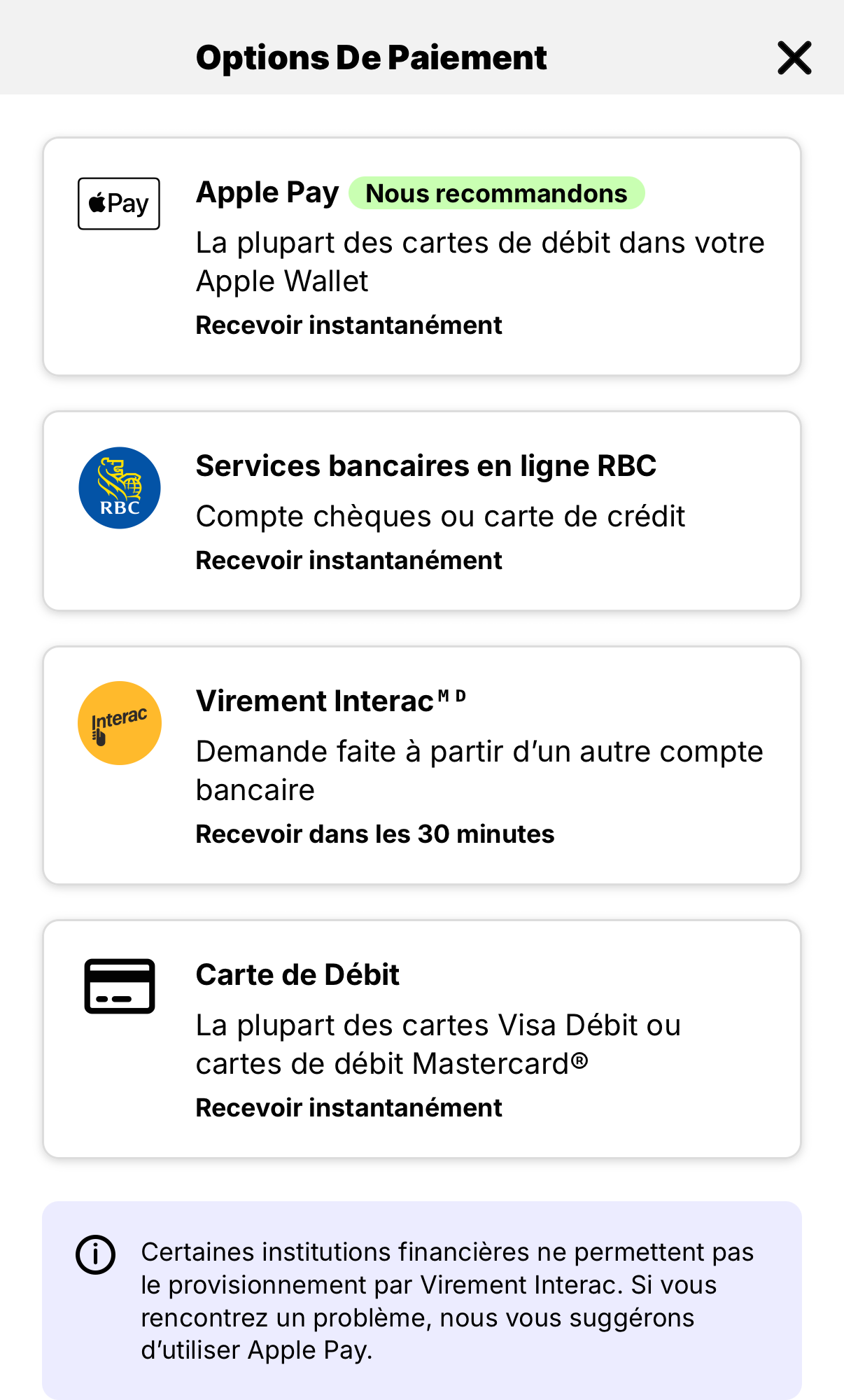 Écran Mydoh Options de paiement montrant Apple Pay, les services bancaires en ligne RBC, le Virement Interac et la carte de débit