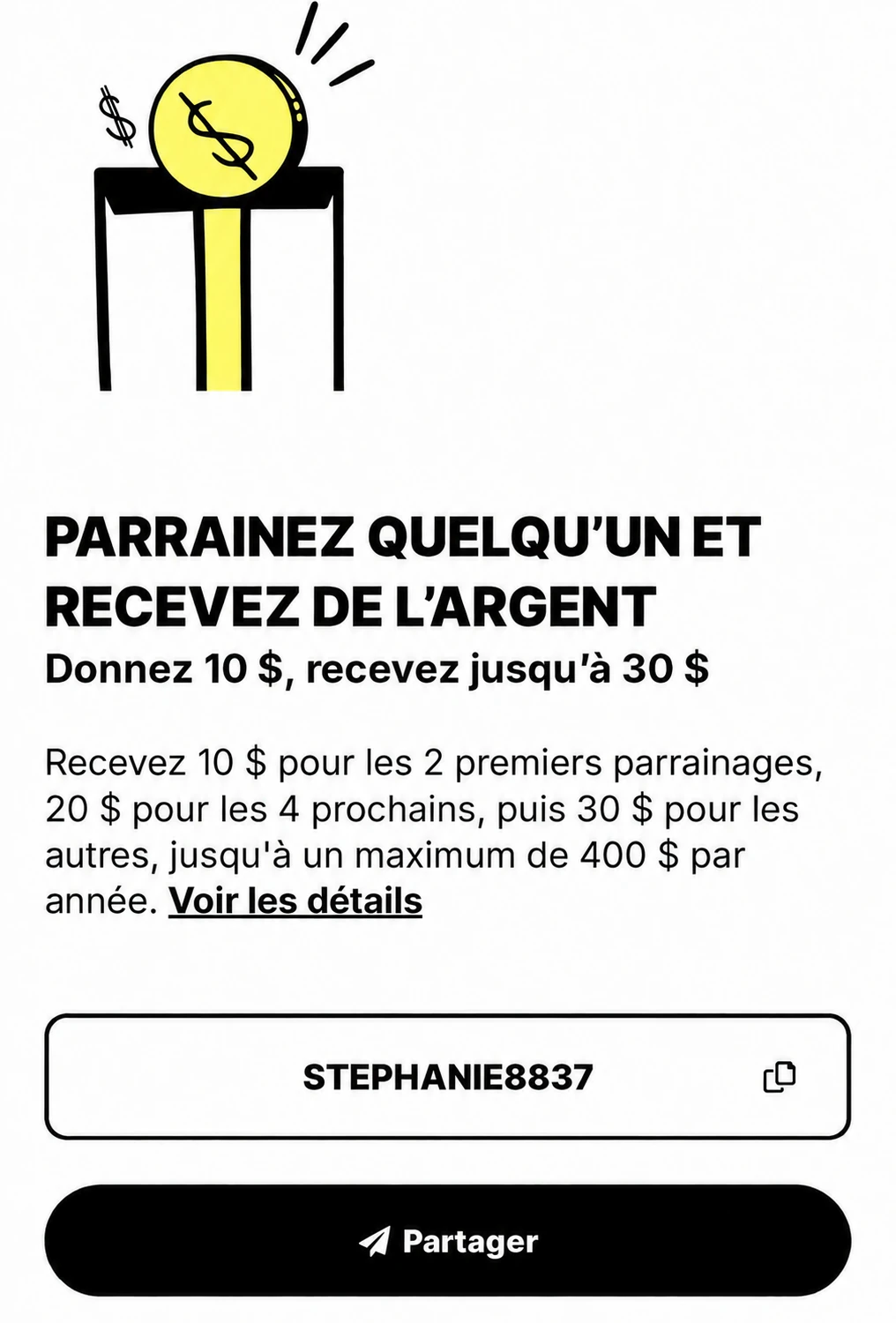 Illustration des paliers Mydoh de 10, 20 et 30 dollars et du maximum annuel de 400 dollars, avec le code actuel affiché à titre indicatif