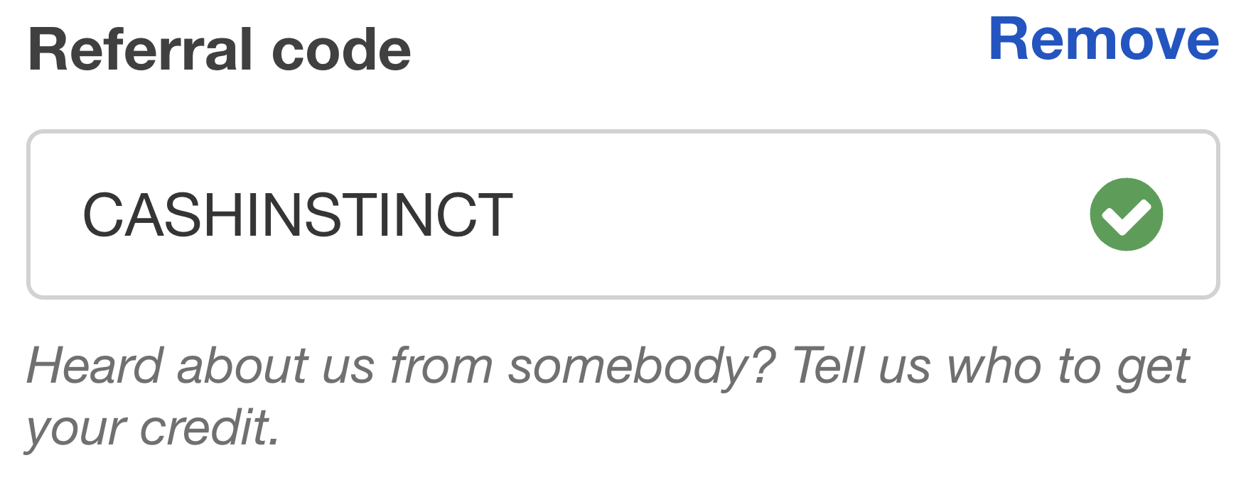Sticker Mule signup form showing active CASHINSTINCT referral code with green checkmark