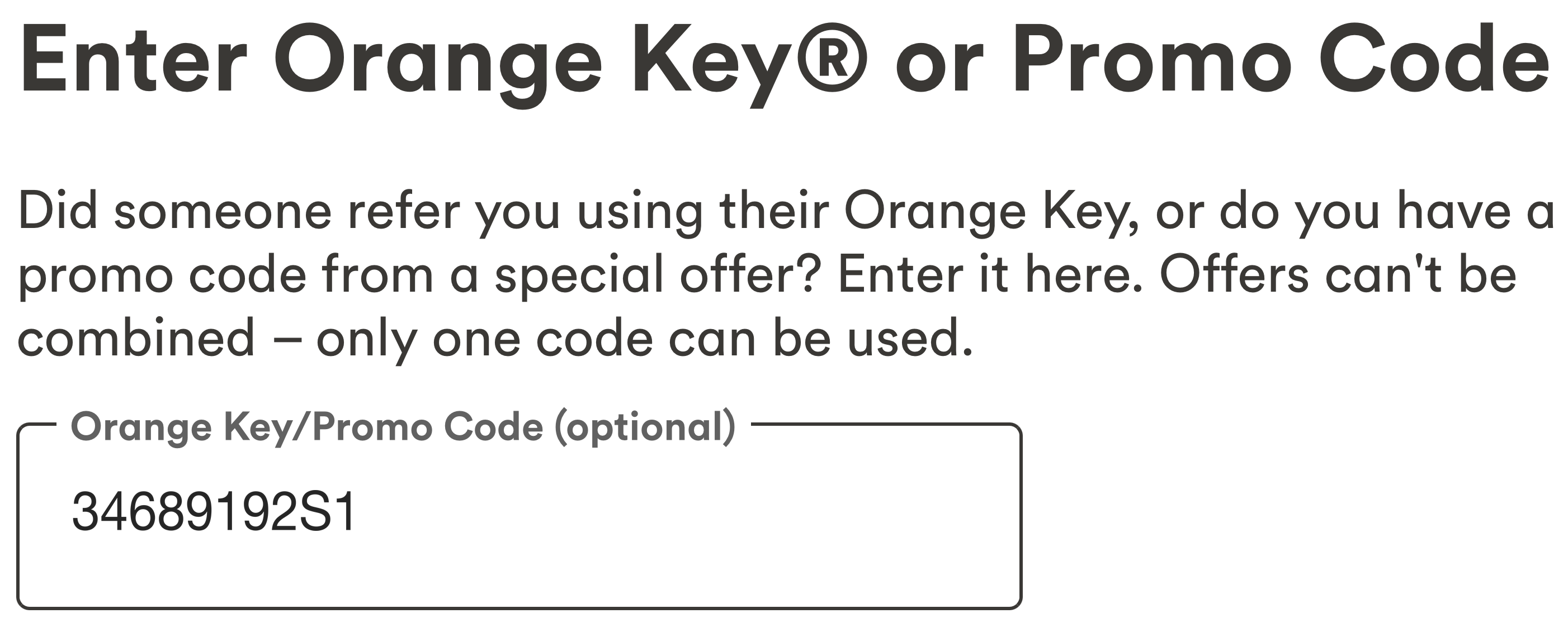 Tangerine signup profile setup showing the combined Orange Key / Promo Code field