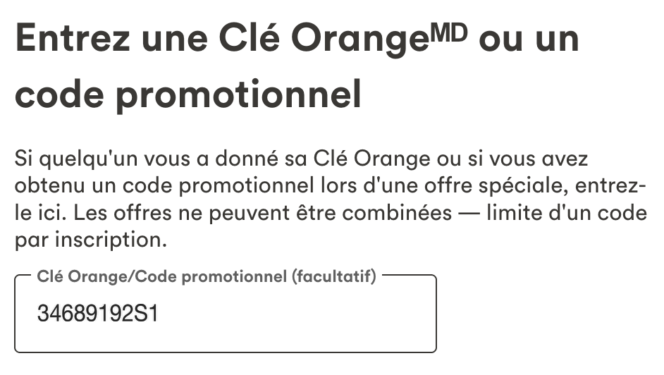 Formulaire d'inscription Tangerine — champ Clé Orange
